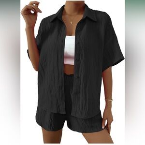 Women's 2 Piece Outfit Button Front Short Sleeve Collar Shirt and Shorts Set